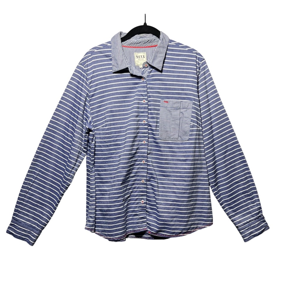 NEXX Blue White Stripe Button Up Shirt Long Sleeve Collared‎ Pocket Size L